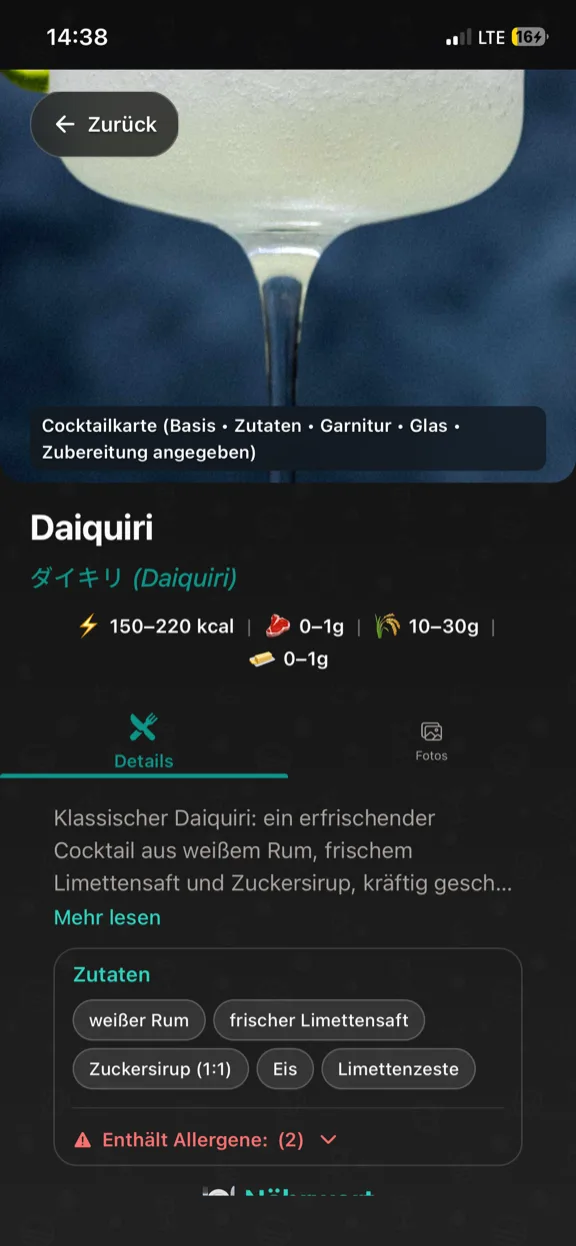 ScanYum Cocktail-Modus — Zutaten, Basisspirituose, Geschmacksprofil