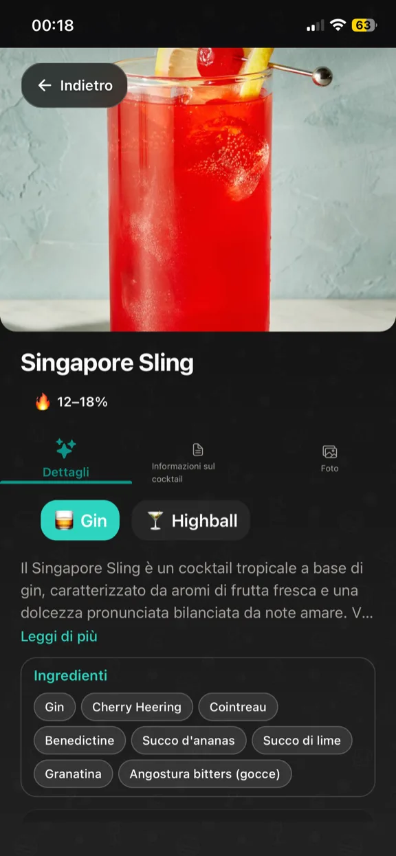 ScanYum Modalità Cocktail — ingredienti, distillato base, profilo aromatico