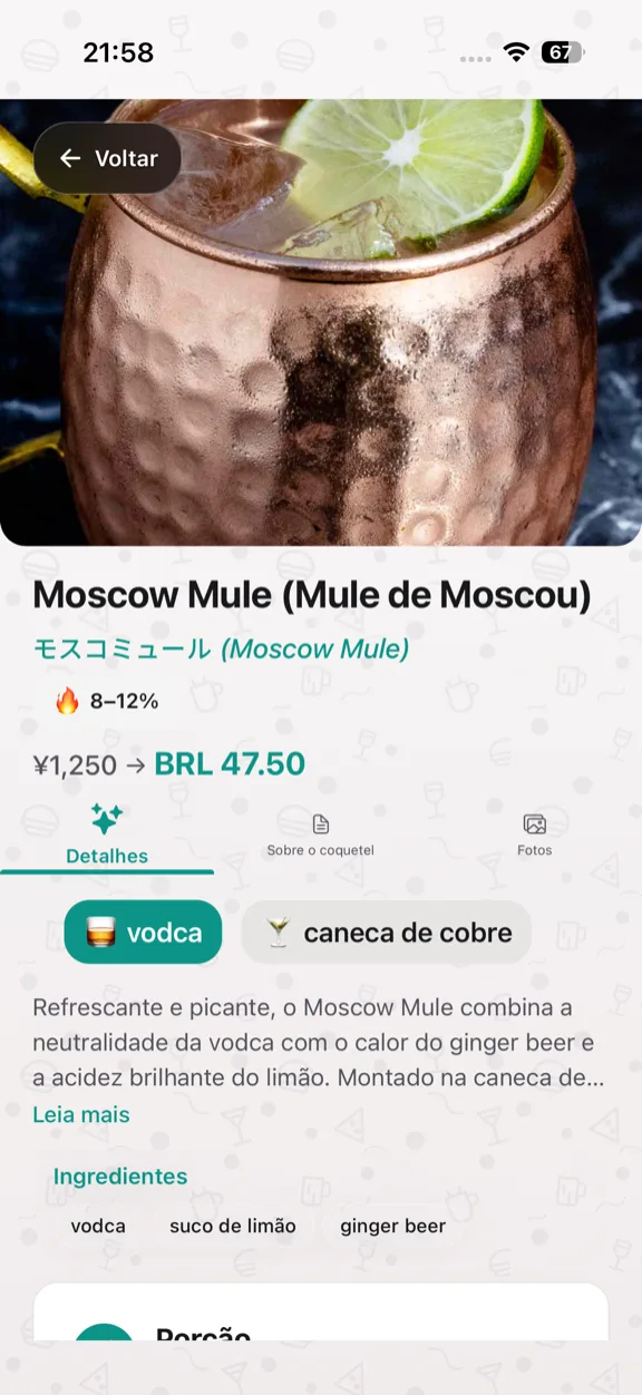 ScanYum Modo Coquetel — ingredientes, destilado base, perfil de sabor