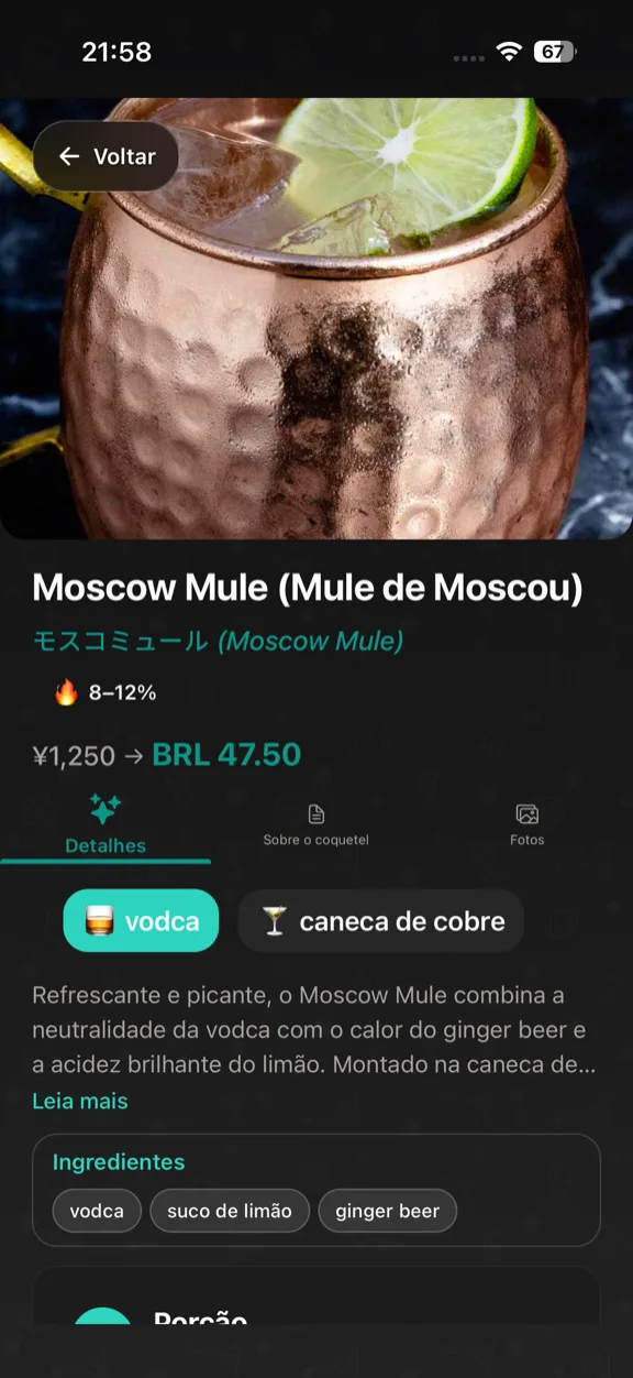 ScanYum Modo Coquetel — ingredientes, destilado base, perfil de sabor